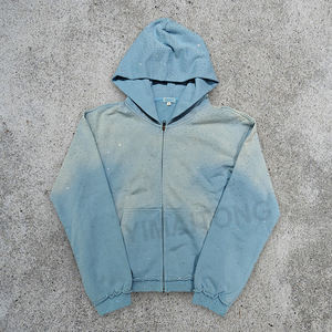 Custom 2025 Streetwear Heavyweight Rhinestone Hoodie Unisex Blanco Vintage Sun Faded Acid Wash Zip Up Sudaderas con capucha de gran tamaño - Product Image 1