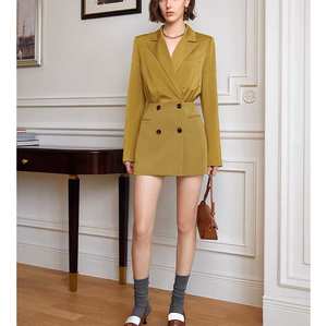 בגדי כסף ישן נשים בלייזר אופנה קלאסי שמלת בלייזר חום קלאסי עם דש חריץ ומותניים עיצוב - Product Image 3