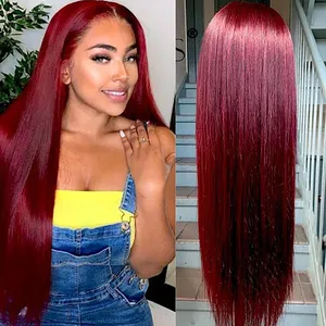 99J אדום בצבע גלם הודי בתולה שיער טבעי פאות, hd מלא תחרה פרונטאלית פאה ספק, תחרה מול פאת שיער טבעי לנשים שחורות 99J