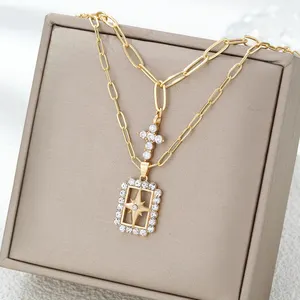 CDD INS Fashion Layer Paperclip Chain Women Rhinestone Cross North Star Pendant Necklace Vintage Jewelry