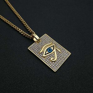 Collier pendentif œil d'Horus plaqué or, strass, chaîne cubaine en acier inoxydable 5 mm 70 cm, bijoux cadeau - Product Image 4