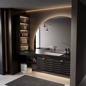 Mueble de baño moderno de lujo ligero con lavabo cerámico integrado, espejo semicircular inteligente con función antivaho. - Product Image 3