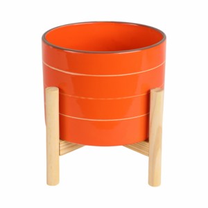 Vaso in ceramica a righe con supporto in legno, fioriera colorata per decorazioni domestiche, ingresso, patio, tavolo, giardino - Product Image 4