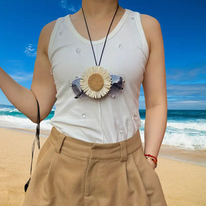 Bohemian Beach Sunglasses <b>Clip</b>, Snap-on Neckband Sunglasses <b>Clip</b>, Handmade Raffia Daisy Hat <b>Clip</b> - Product Image 3