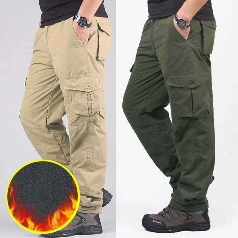 W212 Mens Winter Pants Thick Warm Cargo Pants Casual Fleece Pockets Trouser Plus Size 38 40 Fashion Loose Baggy Joger Worker