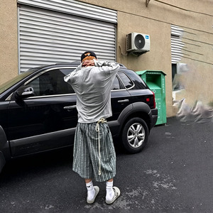 Top Selling <b>Men</b> Baggy Wide Leg Plaid Cropped <b>Shorts</b> Green <b>Check</b> Loose Fit Elastic Waist Casual 7/8 Capri Streetwear - Product Image 2