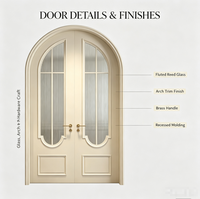 Portes doubles cintrées blanches crème de style français avec verre à motif cannelé et poignée en laiton pour projets de rénovation résidentielle de villas de luxe