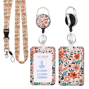 Extendable pink flower <b>ID</b> badge clip with lanyard, easy-pull buckle, detachable neck strap, and personalized vertical card - Product Image 1