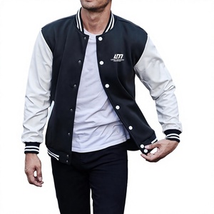 Men's Black White Varsity <b>Jacket</b> Regular Fit <b>Mandarin</b> <b>Collar</b> Solid Color Breathable Wool Cotton Casual Winter Wear - Product Image 3