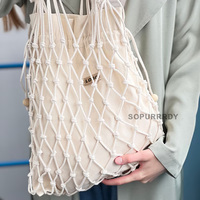 Bolsa de red de algodón con logotipo personalizado, bolsa de playa de verano, macramé, compras, ganchillo, playa, Beige, mercado, bolsa de comestibles reutilizable con bolsa en el interior