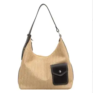 Wholesale High Quality Handwoven Boho Straw Bucket Handbag Summer Beach INS Casual Retro Large Underarm Shoulder Bag