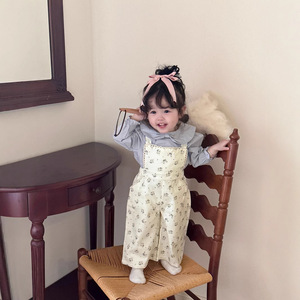 2025年新作 ブルー花柄コットンベビー服ロンパース 女の子用 春夏 幼児用ワイドレッグサスペンダーパンツ - Product Image 3