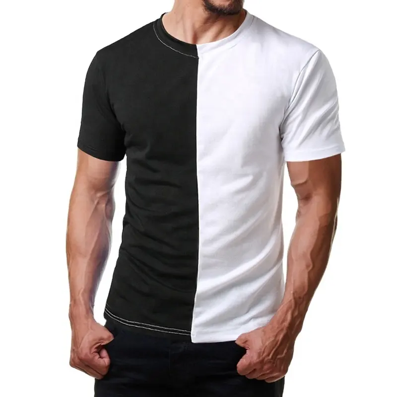 Custom logo tshirt cotton Mens Split Two Tone Color Block Half Black Half White T Shirt unisex tshirt