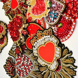 Iron On Patches for Cloth Heart Shaped Sequin Beaded Rhinestone Appliques