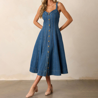 Robe midi décontractée sans manches avec bretelles pour femmes, jupe plissée en jean au design personnalisé