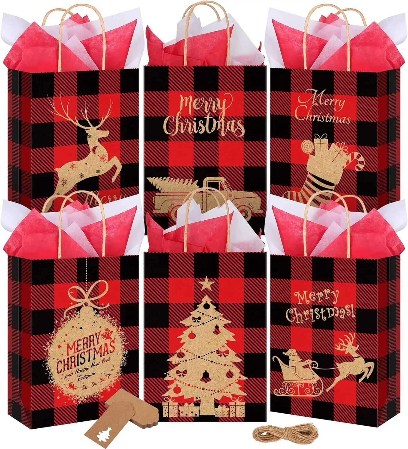 Sacs-cadeaux Buffalo rouge noir Petit sac Kraft de Noël avec étiquette en tissu Sacs-cadeaux de vacances en papier
