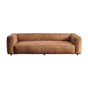 Mid-century American Vintage Caramel Wax Leather Straight <b>Sofa</b> with Wrap-around Arm <b>for</b> Home Living Room Decor - Product Image 5