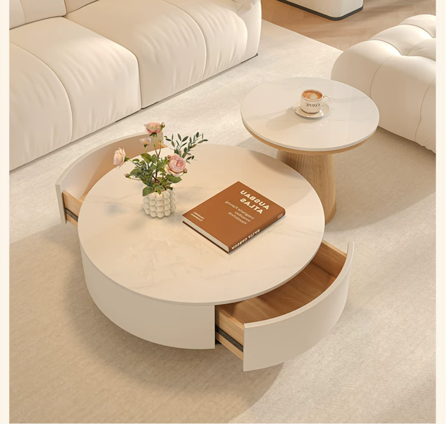 Cream Round Nested Coffee Table Set Modern Rustic Living Room Furniture ...
