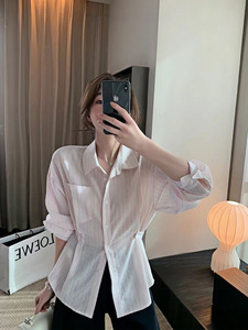 Blusa de Mujer a Rayas Azules Estilo Francés 2026, Diseño Personalizado, Cintura Ajustada, Botones al Frente, OEM/ODM por Fábrica de Ropa China - Product Image 4