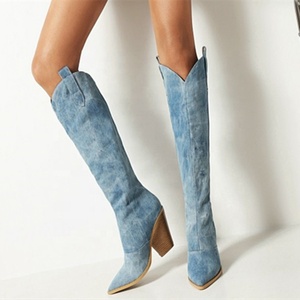 Bottines courtes en denim bleu de grande qualité, talon haut, bout pointu, sexy, pour femmes, automne-hiver, taille 43 - Product Image 1