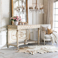Table console en chêne massif blanc vieilli, style shabby chic, style campagne française, écologique, sculptée à la main, feuille d'or, pour salon et salle à manger