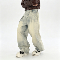 Nouveau pantalon en jean délavé bleu coupe droite ample et tendance - Style basique américain avec motif peint à la main