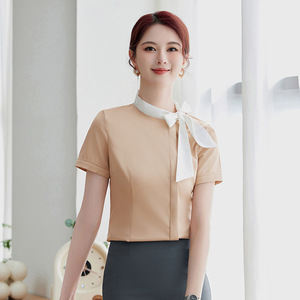 White Short Sleeve Bow Blouse Women Summer Slim Fit No-Wrinkle Hotel Uniform Skirt Set - Product Image 3