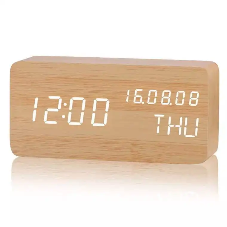 Best Seller Fashional Wooden Calendars LED Digital Alarm Clock Square Bamboo Voice control Table Clock