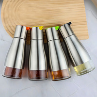 Distributeur d'huile en verre en forme de taille de 320 ml avec coque en acier inoxydable, quatre buses de couleur au choix, pulvérisation fine, récipient à huile de cuisine