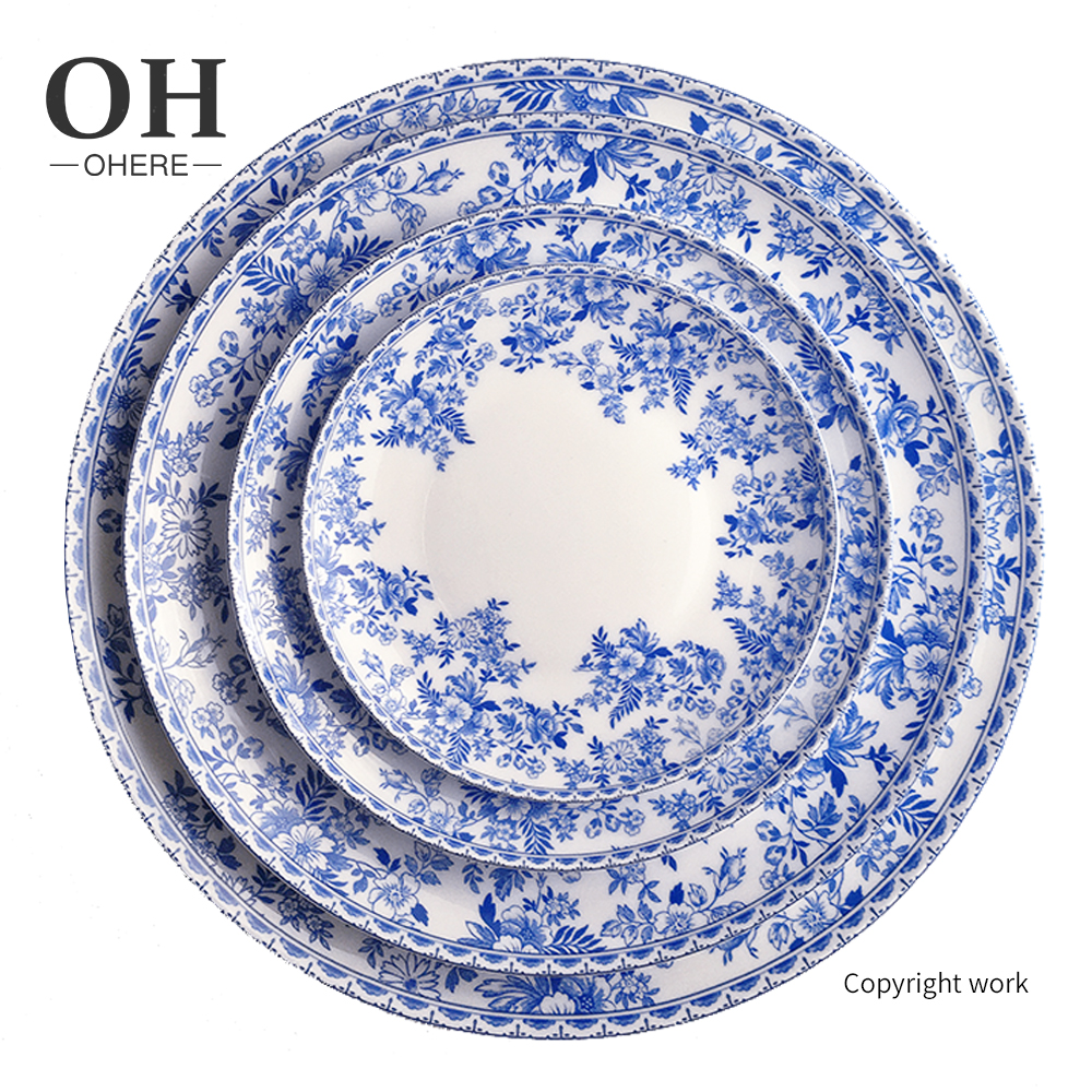 Vajilla de porcelana retro, juego de platos de cena de cerámica para restaurante occidental de lujo, azul y blanco, venta al por mayor de fábrica