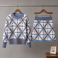 Ensemble deux pièces pull tricoté et mini-jupe géométrique à col rond pour femme - Vêtements féminins