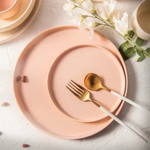 Vajilla de porselen keramik rosa acara pernikahan, piring keramik Nordik Set piring makan malam 10.5 inci piring utama merah muda