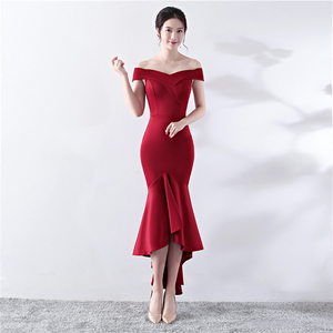 1327# Bride Red Mid-long Marriage <strong>Korean</strong> Dresses Slim Evening Dresses Formal <strong>Prom</strong> <strong>Gowns</strong> for Beauty Contest - Product Image 1