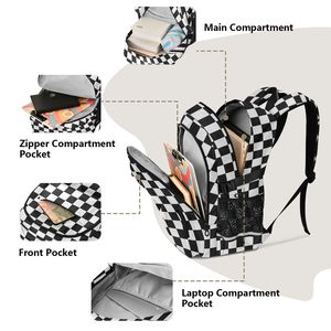 Zaino Scolastico e da Viaggio alla Moda con Design Personalizzato <span class=keywords><strong>a</strong></span> Quadri Bianco e Nero per Ragazze e Ragazzi, con Tasche in Rete per Libri, Laptop e Oggetti Vari - Product Image 5
