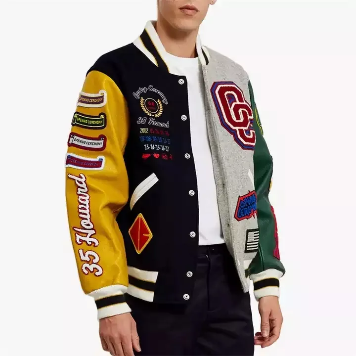 Oem custom logo chenille patch embroidery patchwork leather sleeves heavyweight button up men baseball letterman jacket
