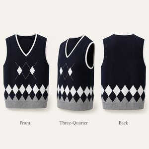 <span class=keywords><strong>Gilet</strong></span> en tricot Argyle pour enfants, col en V, 100% coton, uniforme scolaire, style Dark Academia, garçons, filles, unisexe, 110-190, OEM personnalisé - Product Image 4