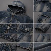 Ensemble sweat à capuche zippé et pantalon en jean délavé vintage pour homme – Ensemble streetwear baggy déchiré en jean épais style workwear