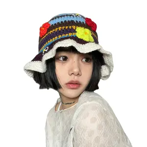 Nova moda mulheres verão ao ar livre plissado crotchet balde chapéu atacado colorido crotchet meninas palha balde chapéu