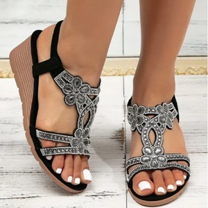 Sandales <span class=keywords><strong>compensées</strong></span> en cuir PU à bout ouvert pour l'été sandales antidérapantes à semelle souple pour femmes et dames <span class=keywords><strong>chaussures</strong></span> décontractées de marche en plein air - Product Image 1