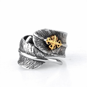 Vintage Retro Black Gold Plated Feather Leaf <b>Open</b> Stainless Steel Adjustable <b>Ring</b> for Women Men - Product Image 2
