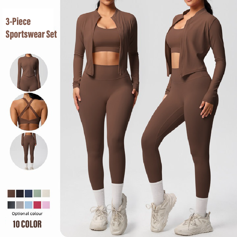 Women's Three-Piece Yoga Set Solid Color Breathable Sports Wear Elastic Waist Closure Double-Sided Brushed Front Zipper For
