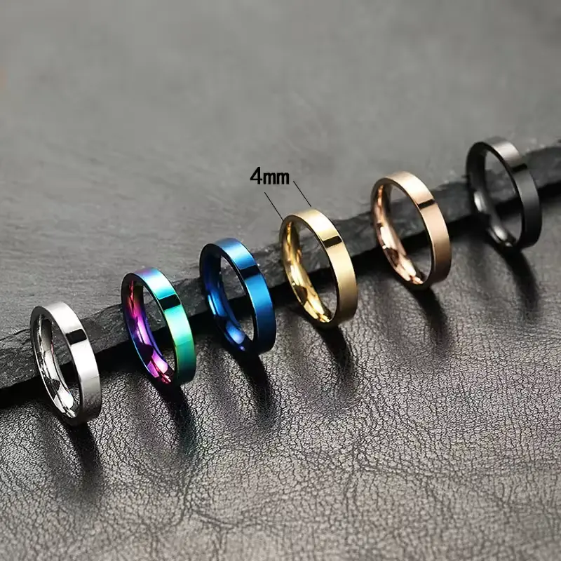 남성 여성을위한 슬라이드 표면 다채로운 반지 스테인레스 티타늄 스틸 웨딩 커플 링 폭 4mm 스테인레스 스틸 부드러운 반지
