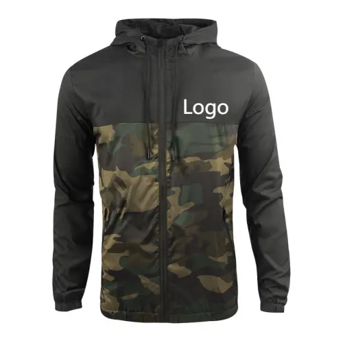 OEM jaket bertudung Logo kustom musim gugur jaring bersirkulasi pakaian luar ruangan mantel tahan air pria jaket penahan angin Camo