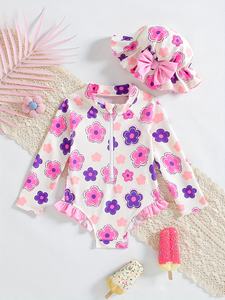 <span class=keywords><strong>Maillot</strong></span> <span class=keywords><strong>de</strong></span> <span class=keywords><strong>bain</strong></span> une pièce pour bébé fille, manches longues, motif floral mignon, fermeture éclair, avec chapeau, doux, confortable, respectueux <span class=keywords><strong>de</strong></span> la peau, triangle, ODM - Product Image 1