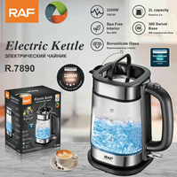 Bouilloire électrique en verre RAF 2,0 L 2200 W, verre borosilicate, intérieur sans BPA, base pivotante à 360°, niveau d'eau visible, utilisation en cuisine R.7890