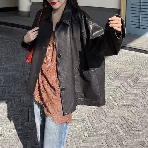 0006 2026 Early Autumn Women's Turn-down Collar Vegetable-Tanned Sheepskin Leather Jacket Casual Loose Coat