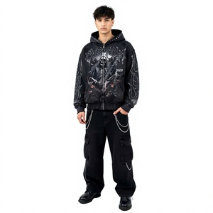 Sudadera con capucha y cremallera para hombre, con estampado de calavera gótica y guitarra, negra, oversize, de ajuste regular, tejida, 100% algodón, transpirable - Product Image 4