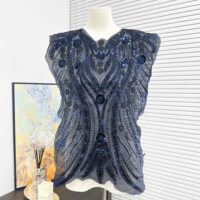 Applique florale brodée en organza bleu marine avec perles et sequins pour la décoration de vêtements, abayas, robes et costumes