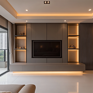 Mueble de TV Moderno a Medida, Diseño Bicolor con Luces LED, Vitrina de Vidrio y Cajones de Almacenamiento, para Decoración de Sala de Estar Familiar - Product Image 3