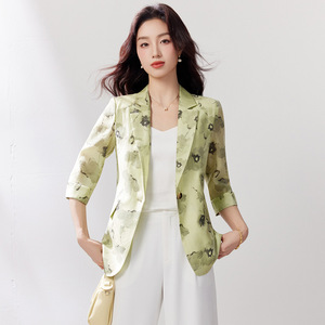 Women's Printed Three Quarter Sleeve Lightweight Blazer Slim Fit Breathable Summer Suit Top - Product Image 3